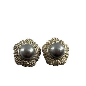 Premiere Designs Clip On Earrings Silver Tone Faux Gray Pearl Ornate Dressy